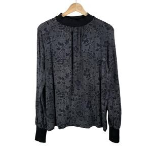 Ann Taylor Top Womens S Black Floral Long Sleeve Mock Neck Blouse Modest